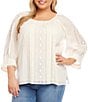 Color:Cream - Image 4 - Plus Size Embroidered Lace Inset Cotton Scoop Neck Blouson Sleeve Top