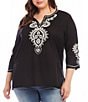 Color:Black - Image 1 - Plus Size Embroidered V-Neck 3/4 Sleeve Tunic