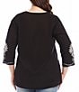 Color:Black - Image 2 - Plus Size Embroidered V-Neck 3/4 Sleeve Tunic