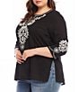 Color:Black - Image 3 - Plus Size Embroidered V-Neck 3/4 Sleeve Tunic