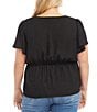 Color:Black - Image 2 - Plus Size Faux Wrap Cinched Elastic Waist Surplice V-Neck Short Flutter Sleeve Top