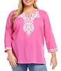 Color:Pink - Image 1 - Plus Size Floral Embroidered Split Scoop Neck 3/4 Sleeve Tunic