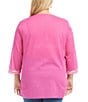 Color:Pink - Image 2 - Plus Size Floral Embroidered Split Scoop Neck 3/4 Sleeve Tunic