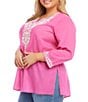 Color:Pink - Image 3 - Plus Size Floral Embroidered Split Scoop Neck 3/4 Sleeve Tunic