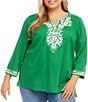 Color:Green - Image 1 - Plus Size Floral Embroidered Split Scoop Neck 3/4 Sleeve Tunic