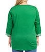 Color:Green - Image 2 - Plus Size Floral Embroidered Split Scoop Neck 3/4 Sleeve Tunic