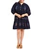 Karen Kane Plus Size Floral Embroidered Split V-Neck Tie Tassel 3/4 Sleeve Lace Trim Dress, Color:Navy - Image 1