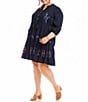 Karen Kane Plus Size Floral Embroidered Split V-Neck Tie Tassel 3/4 Sleeve Lace Trim Dress, Color:Navy - Image 3
