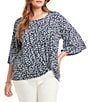 Karen Kane Plus Size Heart Print Crew Neck 3/4 Flare Sleeve Pick-Up Top, Color:Print - Image 1