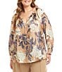 Karen Kane Plus Size Hydrangea Floral Print Satin Ruffle Tie Split-Vneck Long Sleeve Peasant Top, Color:Print - Image 1