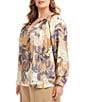 Karen Kane Plus Size Hydrangea Floral Print Satin Ruffle Tie Split-Vneck Long Sleeve Peasant Top, Color:Print - Image 3