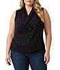 Karen Kane Plus Size Jersey Knit Crossover Neck Sleeveless Front Rhinestones Embellished Top - Image 1