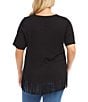 Color:Black - Image 2 - Plus Size Jersey Knit V-Neck Short Sleeve Fringe Hem Top