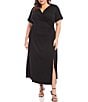 Color:Black - Image 1 - Plus Size Knit Jersey Surplice V-Neck Short Sleeve Side Slit Faux Wrap Dress