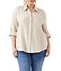 Karen Kane Plus Size Leno Weave Stripe Point Collar Long Roll-Tab Sleeve Button Front Shirt - Image 1
