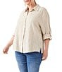 Karen Kane Plus Size Leno Weave Stripe Point Collar Long Roll-Tab Sleeve Button Front Shirt - Image 3