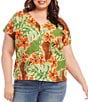 Color:Tropical Print - Image 1 - Plus Size Linen Blend Tropical Floral Print V-Neck Short Sleeve Top
