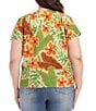 Color:Tropical Print - Image 2 - Plus Size Linen Blend Tropical Floral Print V-Neck Short Sleeve Top