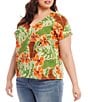 Color:Tropical Print - Image 3 - Plus Size Linen Blend Tropical Floral Print V-Neck Short Sleeve Top