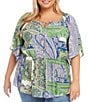 Color:Paisley - Image 1 - Plus Size Paisley Print Scoop Neck Short Bell Sleeve Peasant Top