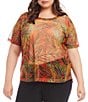 Color:Print - Image 1 - Plus Size Palm Print Mesh Crew Neck Short Sleeve Fitted Top