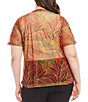 Color:Print - Image 2 - Plus Size Palm Print Mesh Crew Neck Short Sleeve Fitted Top