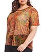 Color:Print - Image 3 - Plus Size Palm Print Mesh Crew Neck Short Sleeve Fitted Top