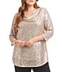 Karen Kane Plus Size Sequin Mesh Draped Neck 3/4 Sleeve Top, Color:Champagne - Image 1