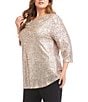 Karen Kane Plus Size Sequin Mesh Draped Neck 3/4 Sleeve Top, Color:Champagne - Image 3