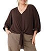 Karen Kane Plus Size Silky Crepe V-Neck 3/4 Blouson Sleeve Tie Front Top - Image 1