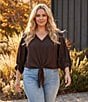 Karen Kane Plus Size Silky Crepe V-Neck 3/4 Blouson Sleeve Tie Front Top - Image 5