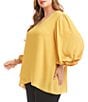 Karen Kane Plus Size Silky Crepe V-Neck 3/4 Lantern Sleeve Asymmetric Crossover Hem Top, Color:Gold - Image 3