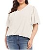 Color:Ivory - Image 1 - Plus Size Solid Silky Crepe V-Neck Short Puff Sleeve Blouse