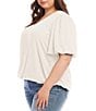Color:Ivory - Image 3 - Plus Size Solid Silky Crepe V-Neck Short Puff Sleeve Blouse