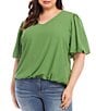 Color:Green - Image 1 - Plus Size Solid Silky Crepe V-Neck Short Puff Sleeve Blouse