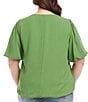 Color:Green - Image 2 - Plus Size Solid Silky Crepe V-Neck Short Puff Sleeve Blouse