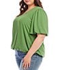Color:Green - Image 3 - Plus Size Solid Silky Crepe V-Neck Short Puff Sleeve Blouse