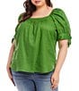 Color:Green - Image 1 - Plus Size Square Neck Gathered Short Puff Sleeve Top