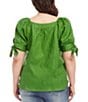 Color:Green - Image 2 - Plus Size Square Neck Gathered Short Puff Sleeve Top