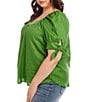 Color:Green - Image 3 - Plus Size Square Neck Gathered Short Puff Sleeve Top