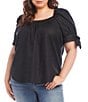 Color:Black - Image 1 - Plus Size Square Neck Gathered Short Puff Sleeve Top