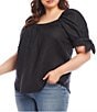 Color:Black - Image 3 - Plus Size Square Neck Gathered Short Puff Sleeve Top