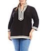 Karen Kane Plus Size The St. Tropez Mandarin Split V-Neck 3/4 Sleeve Contrast Trim Tunic, Color:Black/Cream - Image 1
