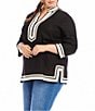 Karen Kane Plus Size The St. Tropez Mandarin Split V-Neck 3/4 Sleeve Contrast Trim Tunic, Color:Black/Cream - Image 3