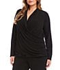 Karen Kane Plus Size Travel Jersey Knit Long Sleeve Drape Front Crossover Top, Color:Black - Image 3