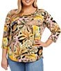 Color:Tropical Print - Image 1 - Plus Size Tropical Floral Print Knit Scoop Neck 3/4 Sleeve Shirttail Hem Top