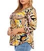 Color:Tropical Print - Image 3 - Plus Size Tropical Floral Print Knit Scoop Neck 3/4 Sleeve Shirttail Hem Top