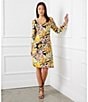 Color:Floral Print - Image 3 - Petite Size Tropical Print Scoop Neck 3/4 Sleeve A-Line Dress