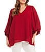 Karen Kane Plus Size V-Neck 3/4 Lantern Sleeves Asymmetric Layered Hem Top - Image 1