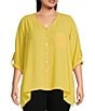Color:Yellow - Image 1 - Plus Size V-Neck 3/4 Roll Up Sleeve Chest Pocket Asymmetrical Hem Button Up Blouse